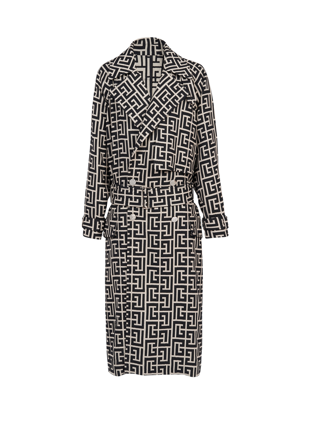Bicolor wool trench coat with Balmain monogram, black, hi-res