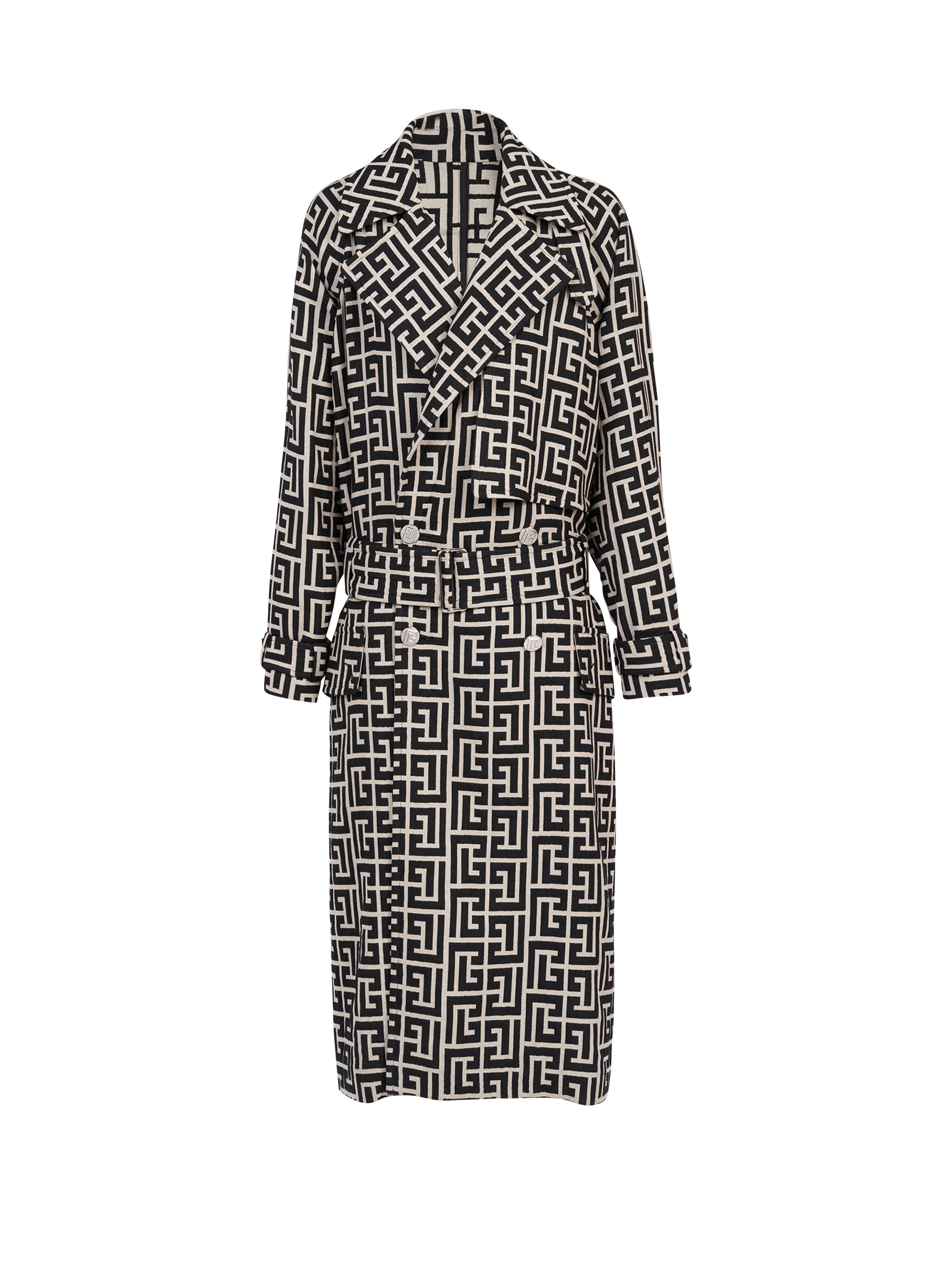 Bicolor wool trench coat with Balmain monogram, black