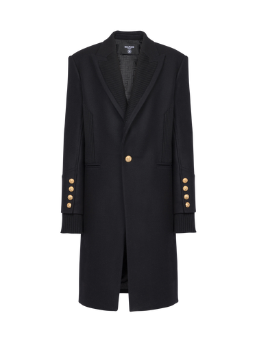 Long wool coat with monogram-patterned collar and lining