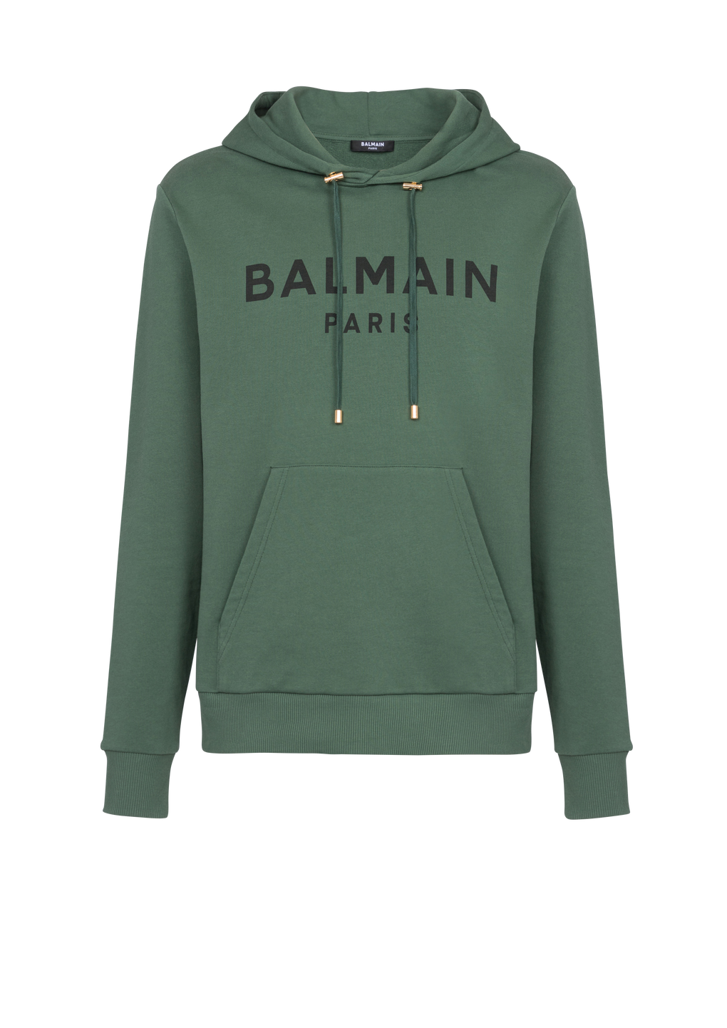 Hooded cotton sweatshirt with Balmain Paris logo print, green, hi-res