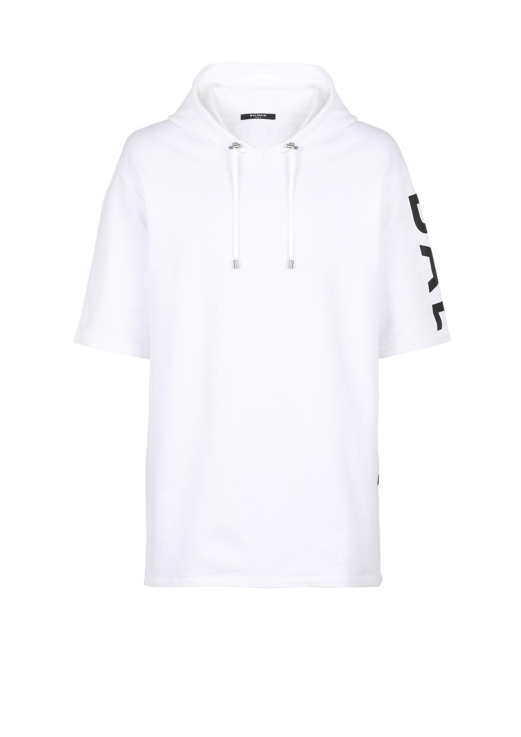 Oversized eco-designed cotton hooded sweatshirt with Balmain logo print, white, hi-res