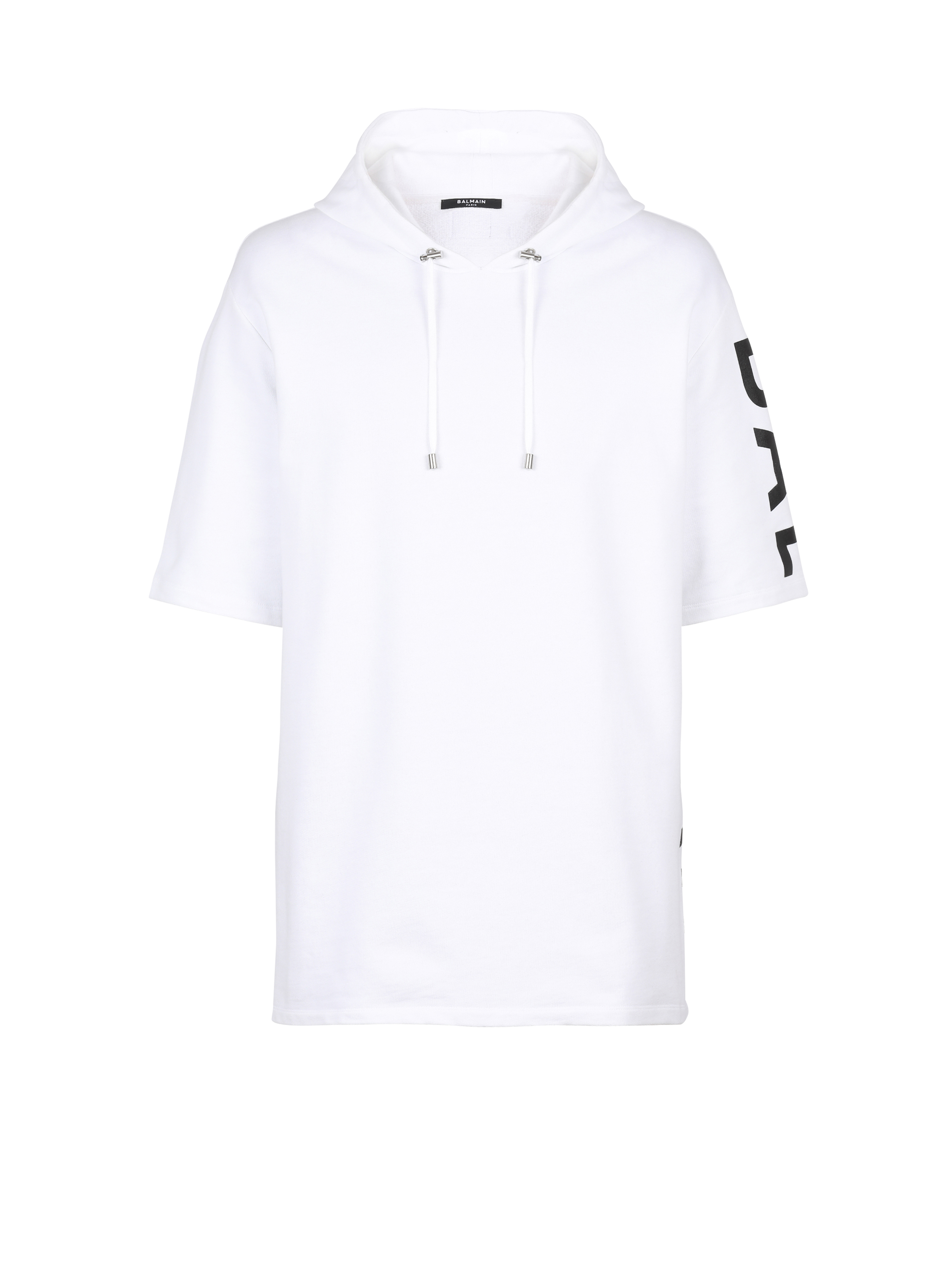 Oversized eco-designed cotton hooded sweatshirt with Balmain logo print, white