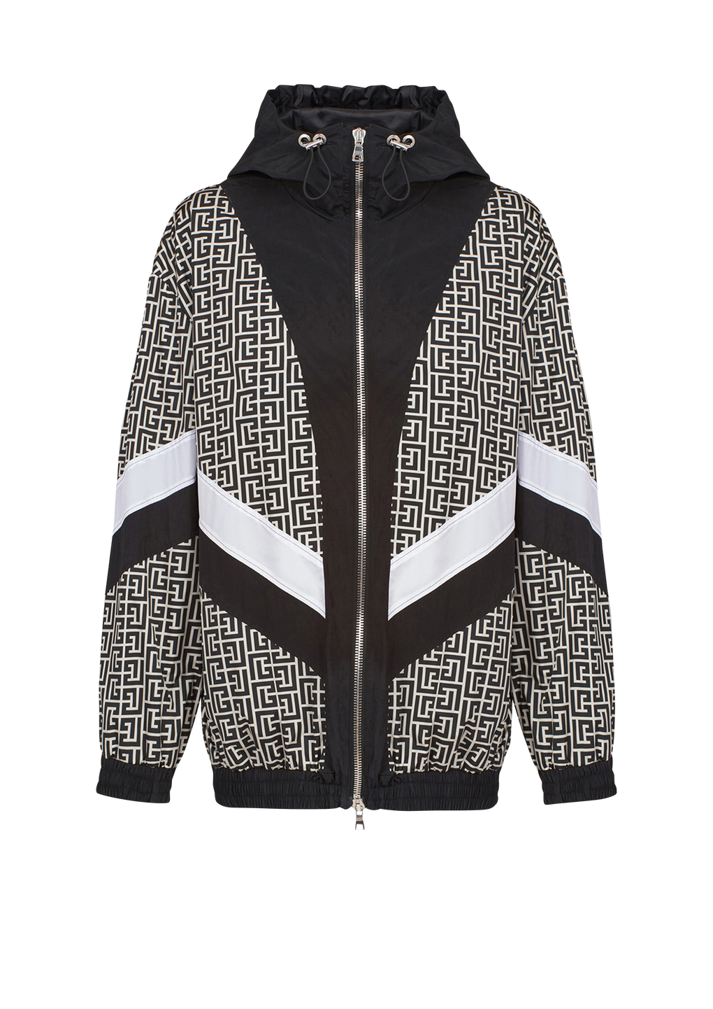 Hooded nylon jacket with Balmain monogram, black, hi-res