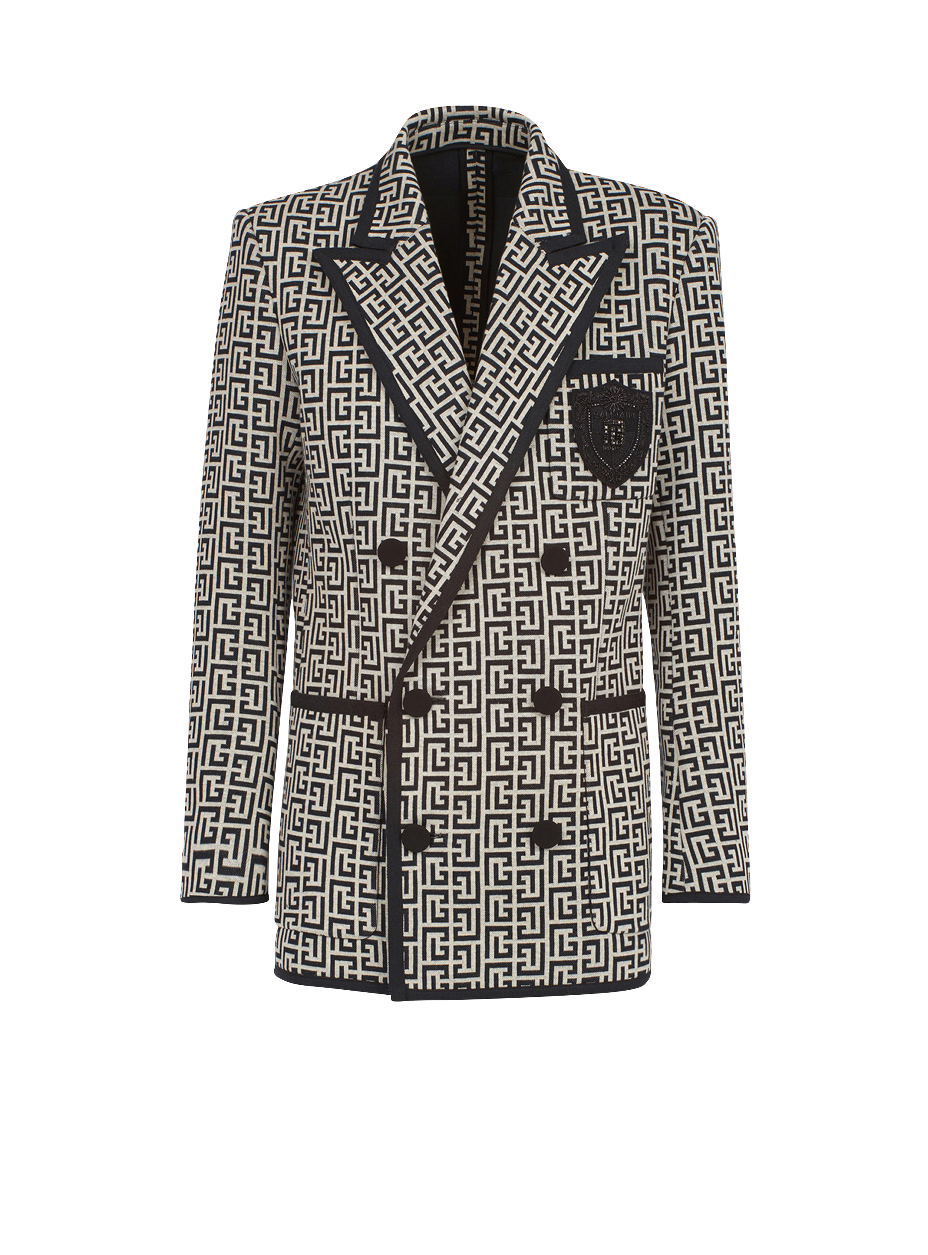 Jersey blazer with Balmain monogram and double-breasted black buttoned fastening, black