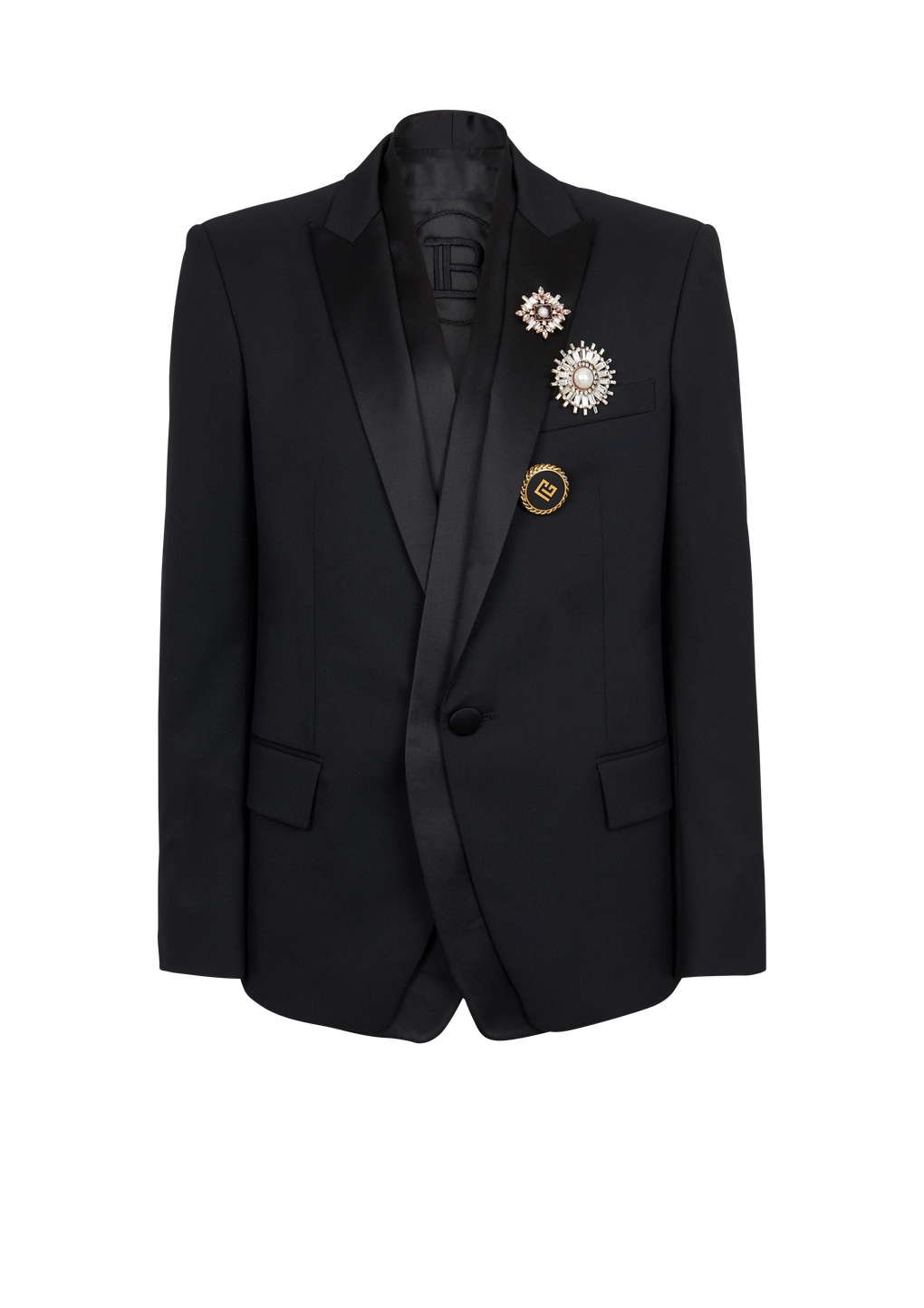 Wool blazer with embroidered badges and satin collar, black, hi-res