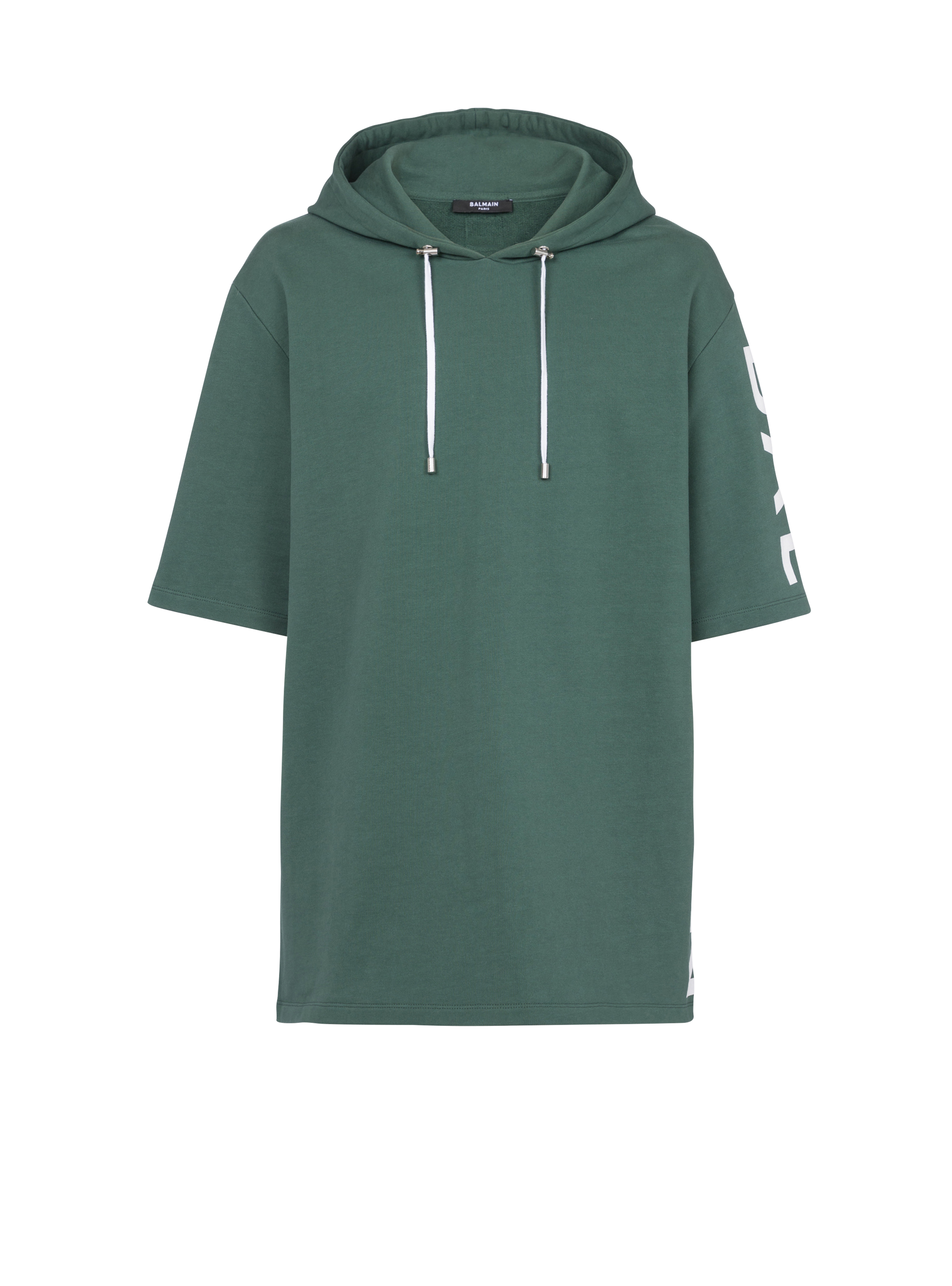 Oversized eco-designed cotton hooded sweatshirt with Balmain logo print, green