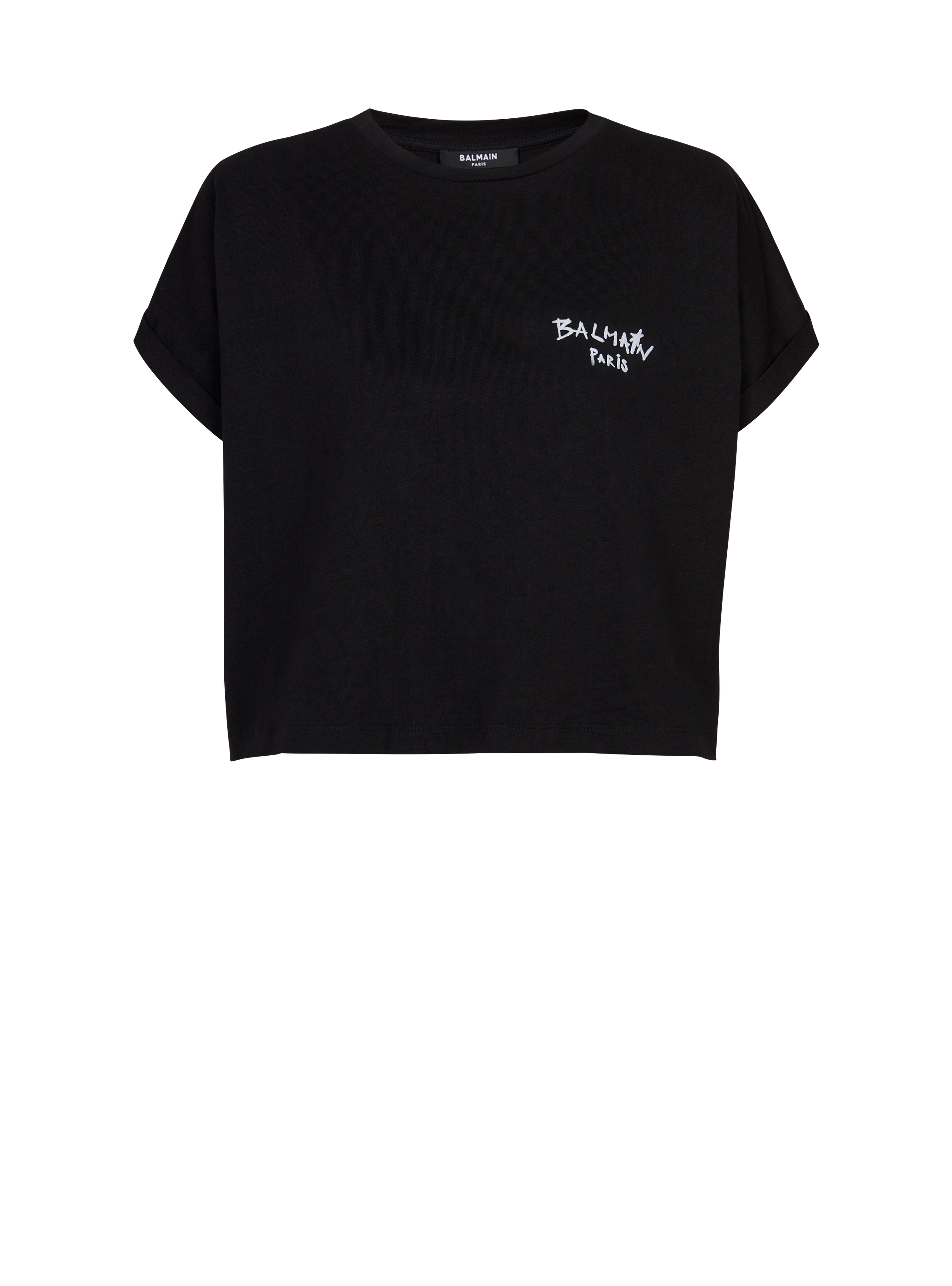 Cropped cotton T-shirt with small flocked graffiti Balmain logo, black