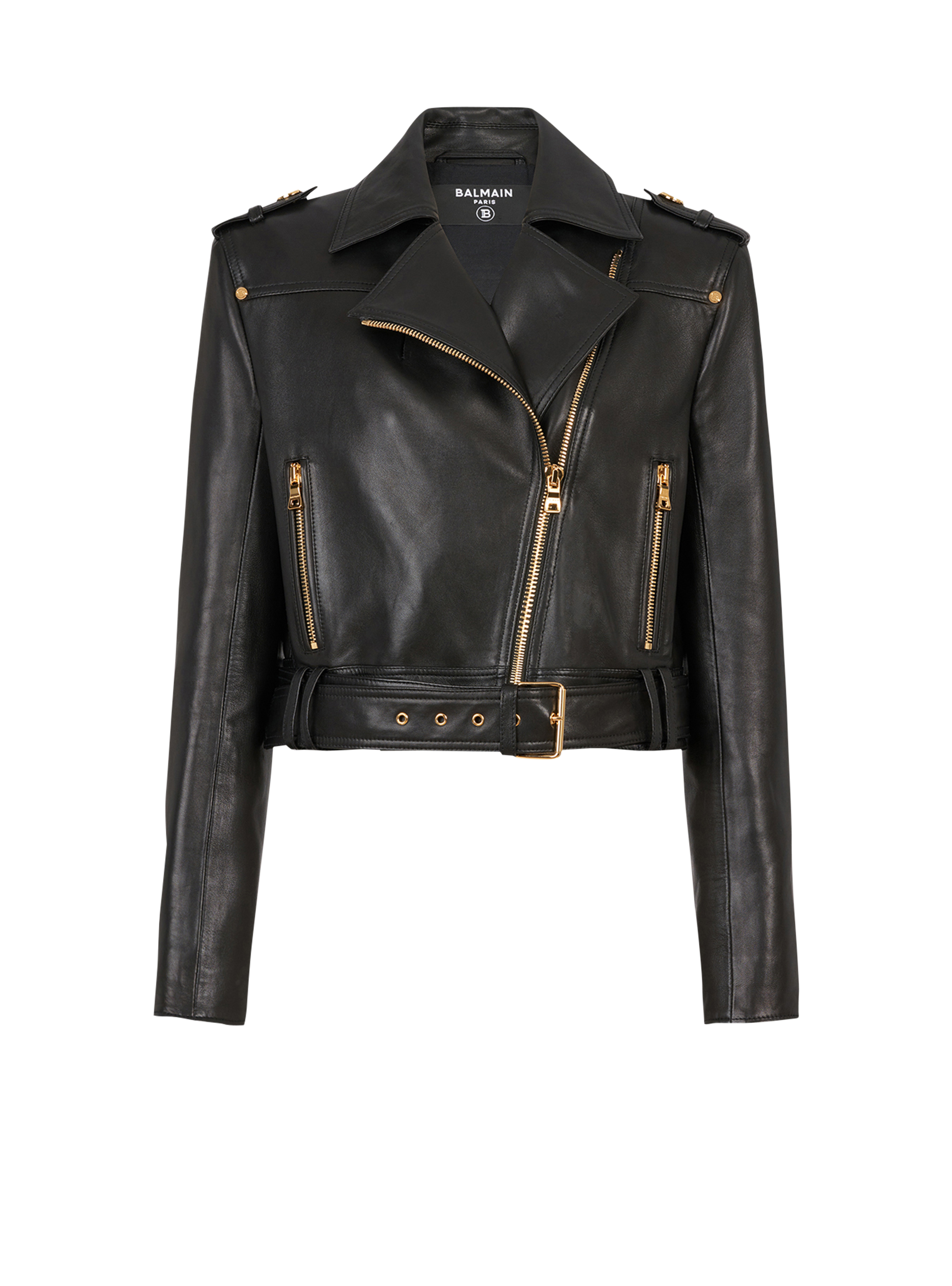 Cropped leather biker jacket, black