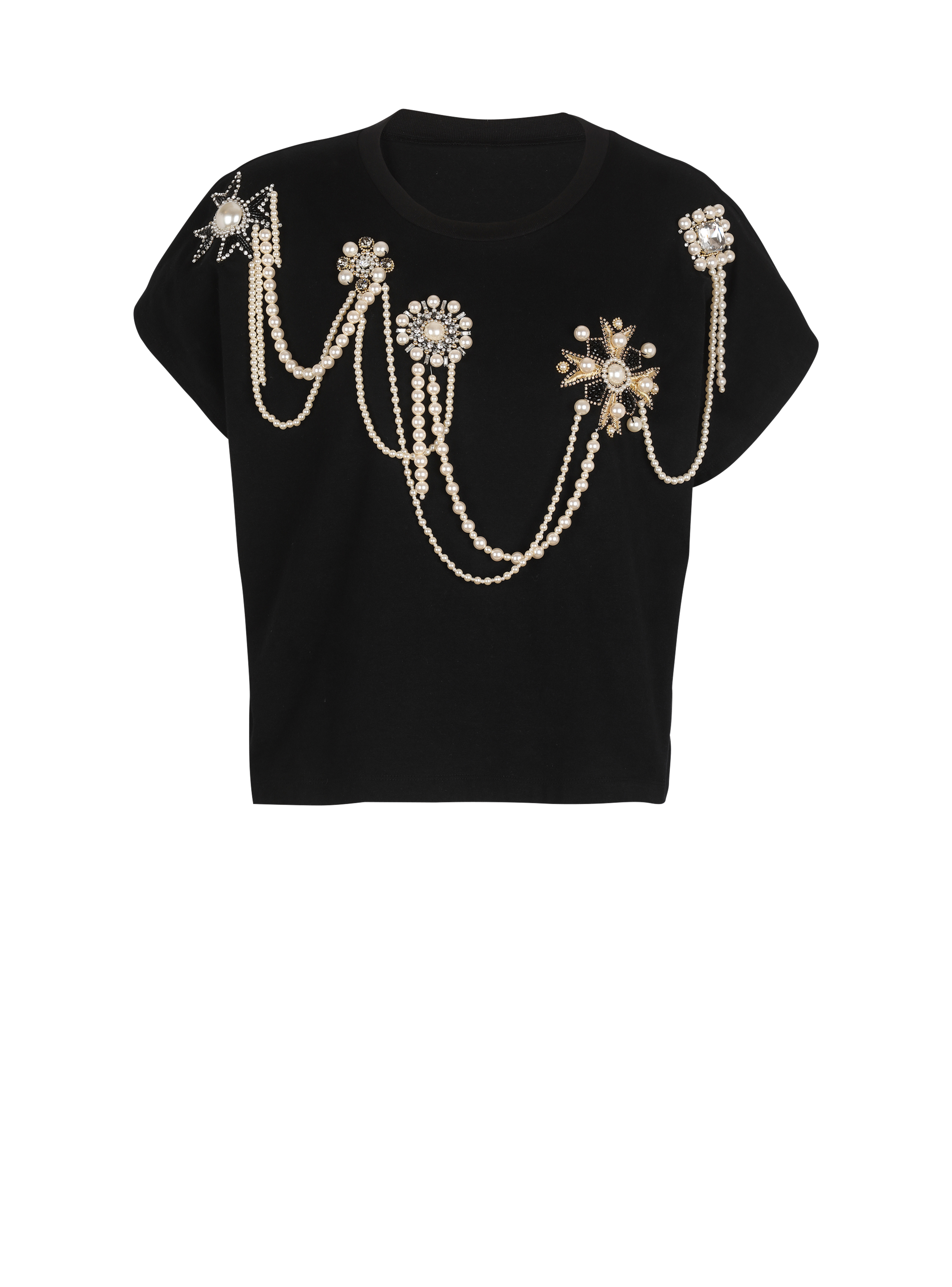 Cropped cotton T-shirt with embroidery, black