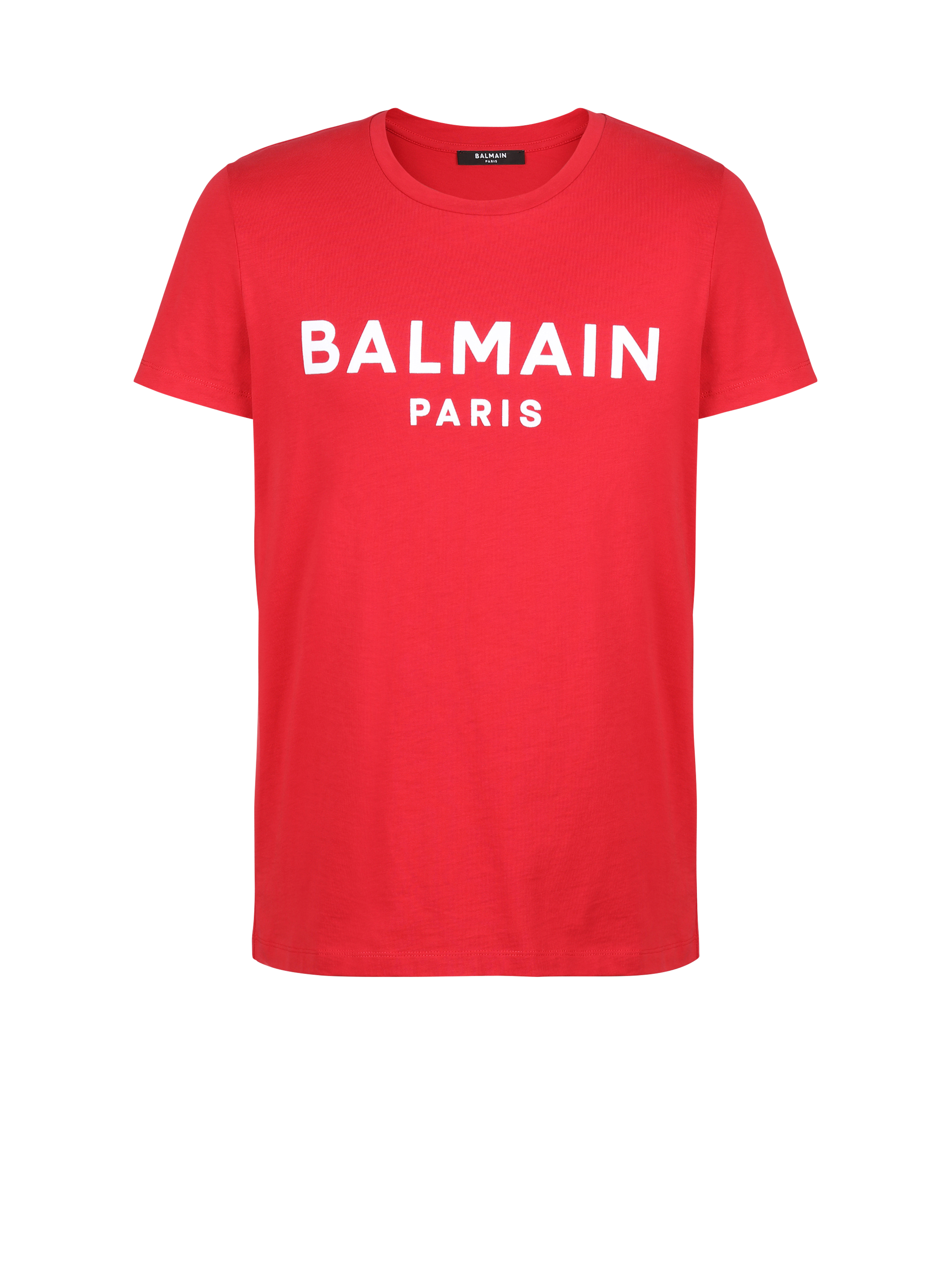 Cotton T-shirt with flocked Balmain medallion, red