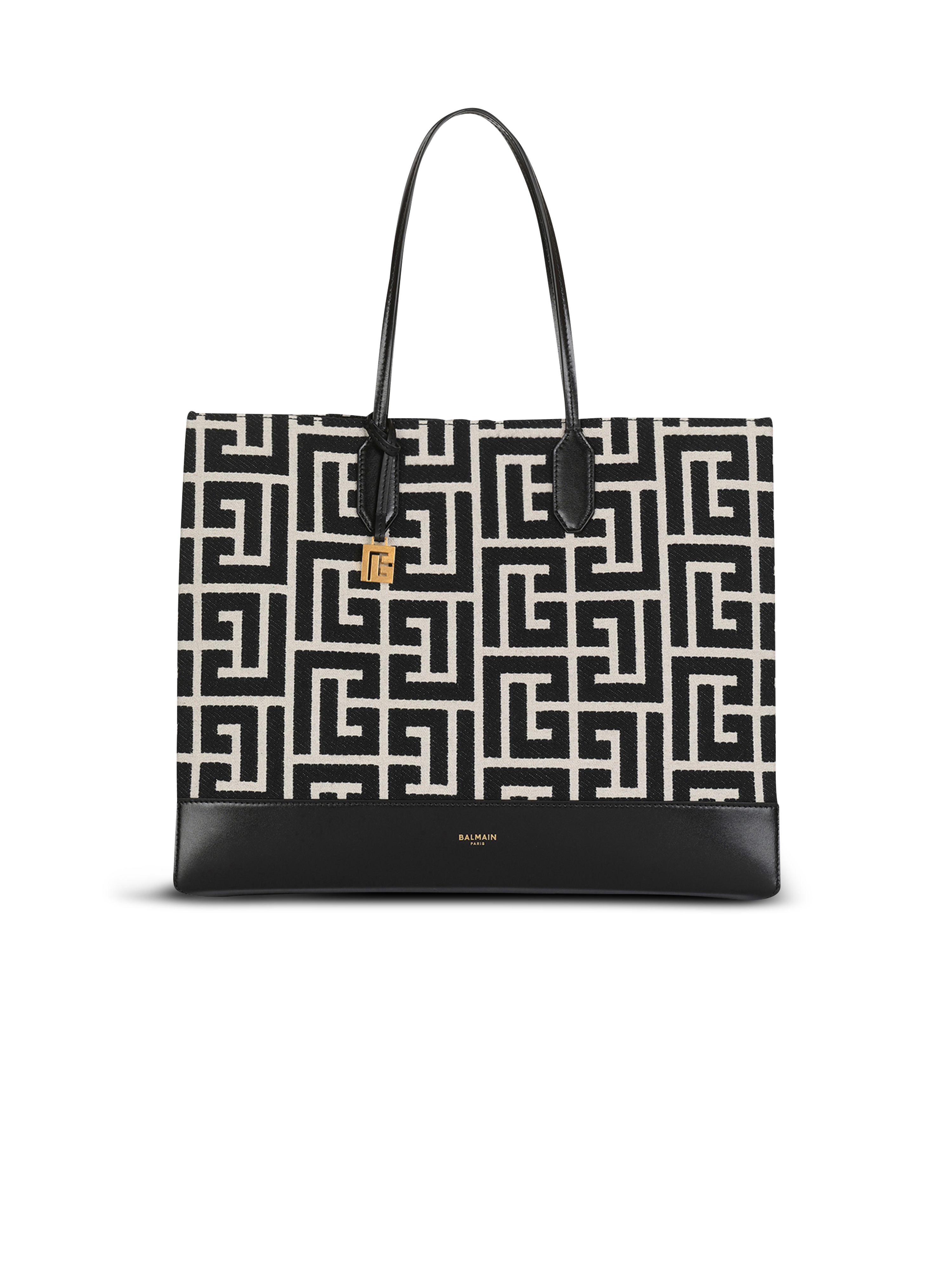 Large-sized bicolor ivory and black jacquard Folded Shopping Bag, black