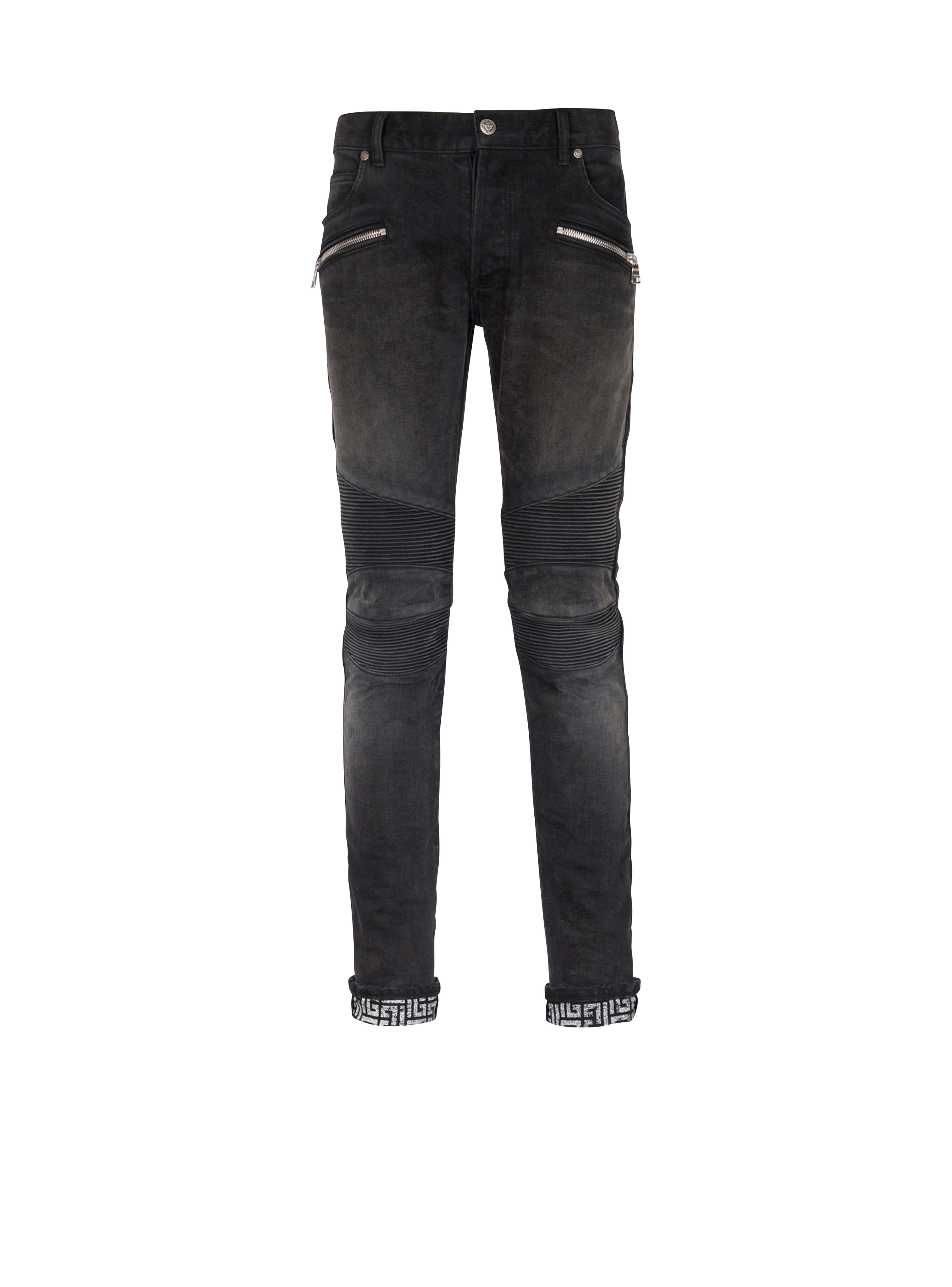Slim cut faded and ridged cotton jeans with Balmain monogram on hem, black